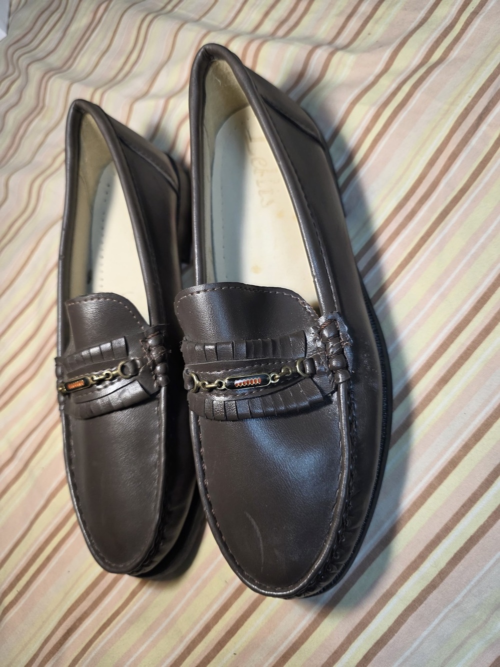 Others Follow Brown Leather Slip-On Loafers with Chain Detail